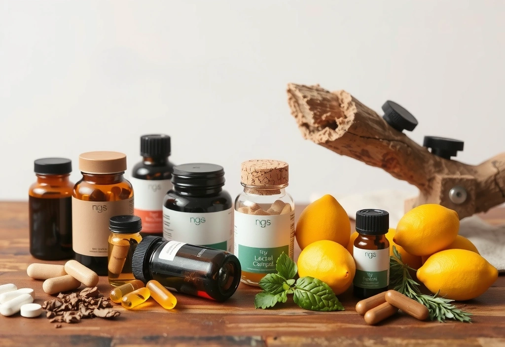 Natural supplements and vitamins on wooden table